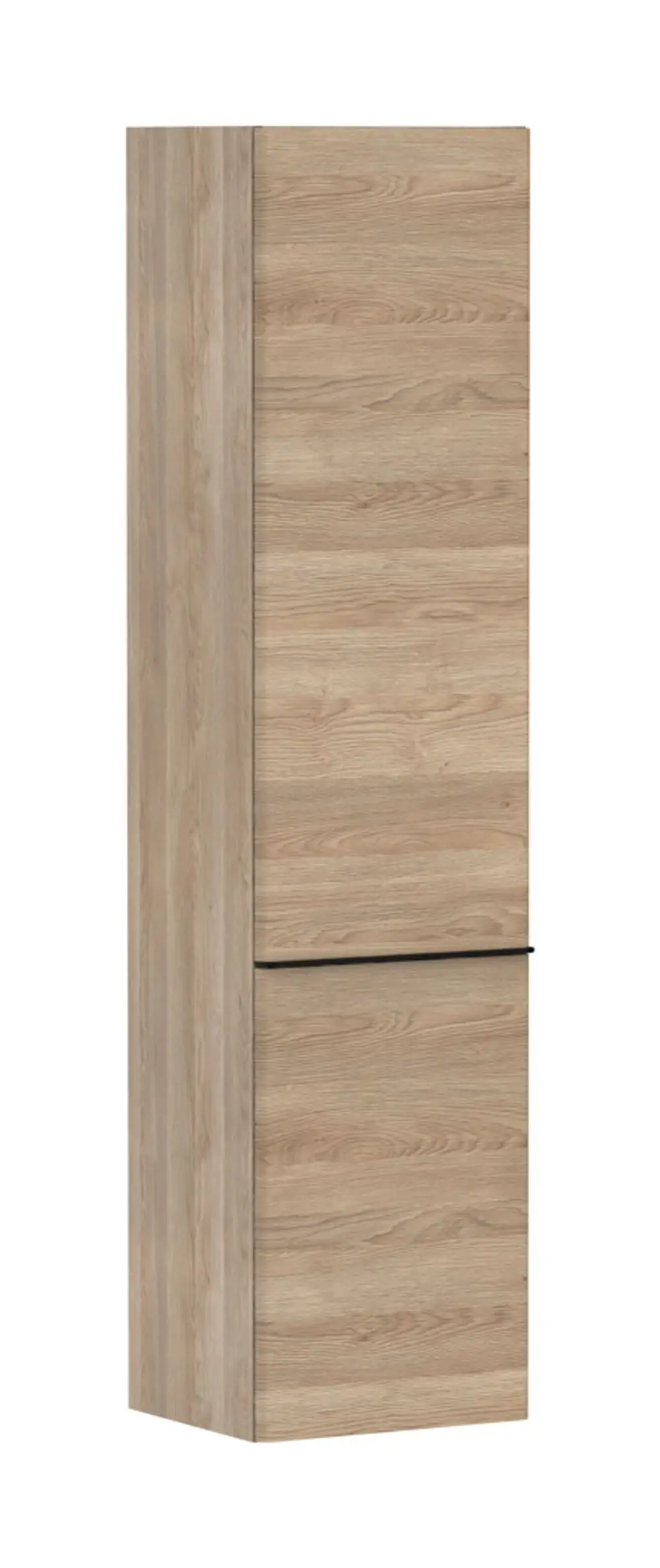 Hochschrank in Eiche-Optik von Hansgrohe mit zwei Türen. Der Türanschlag ist links. Die Oberfläche zeigt eine Holzmaserung.